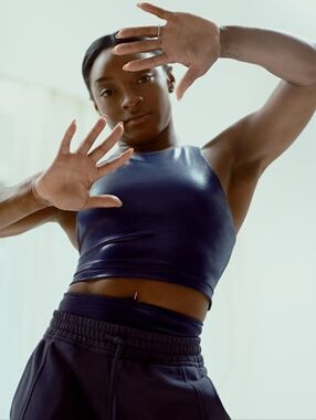 Athleta x Simone Biles Purpose Shine Crop sports Bra metallic navy blue womens M